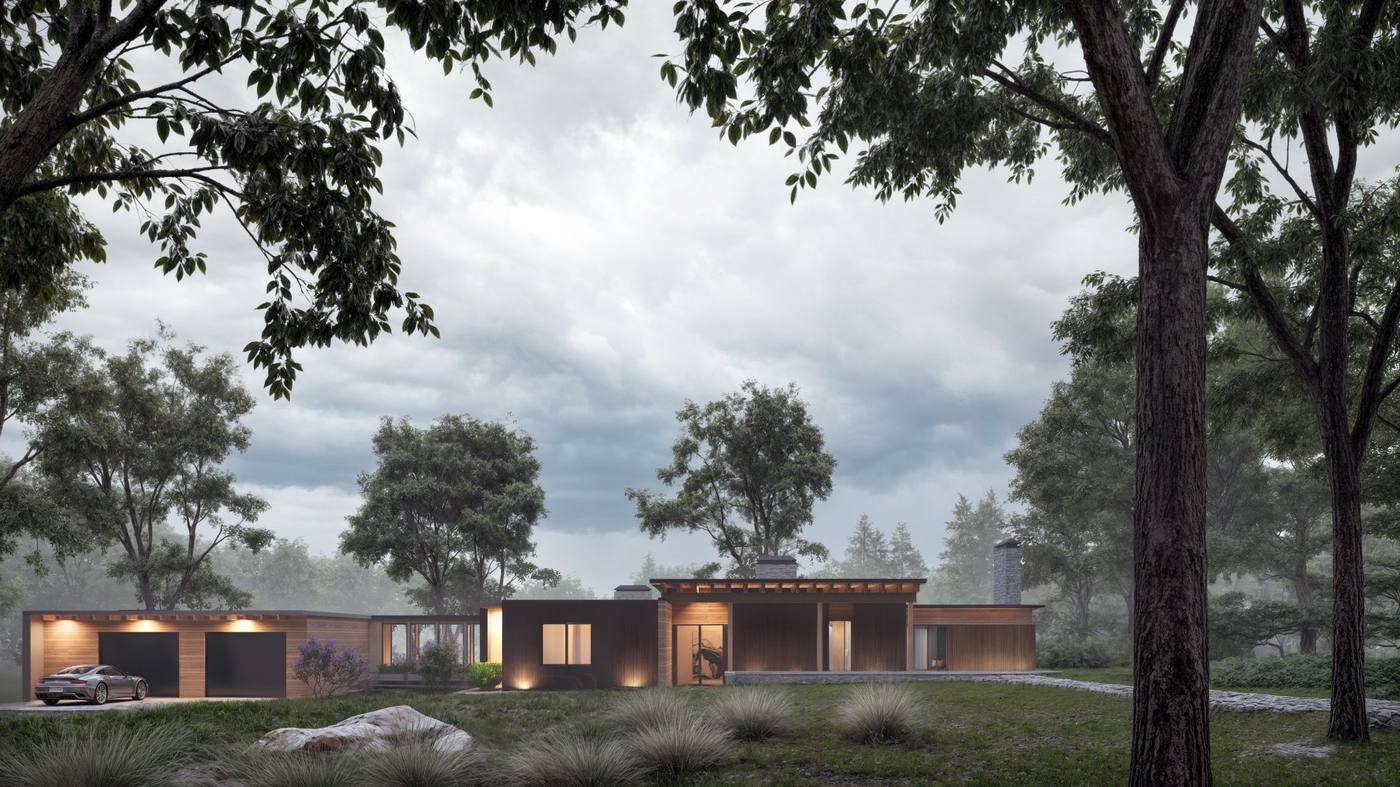 Hearth Home exterior rendering - charred cedar and stone residence in Monteagle, Tennessee